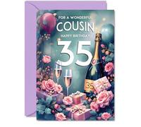 35th Birthday Card Cousin - Pink Presents Champagne Bottle - Gorgeous Pretty Beautiful Birthday Cards for 35 Year Old Woman Women, A5 Greeting Cards Gift