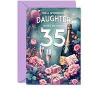 35th Birthday Card Daughter - Pink Presents Champagne Bottle - Gorgeous Pretty Beautiful Birthday Cards for 35 Year Old Woman Women, 5x7 Inch Greeting Cards Gift
