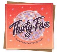 35th Birthday Card, Disco Ball and Thirty-Five Lettering | Mark a 35th with a shimmering disco ball, twinkly stars and bold “Thirty-Five” lettering plus “Happy Thirty-Five Birthday”.