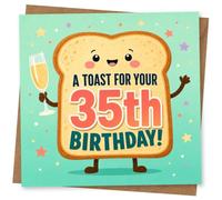 35th Birthday Card for Her, A Toast Pun & Champagne | Raise a glass to her 35th with a toast-themed character holding bubbly and the message “A Toast for Your 35th Birthday!”