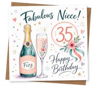 35th Birthday Card for Niece, Fabulous Fizz | Watercolour fizz bottle and flute with confetti and florals, “Fabulous Niece!” and “Happy Birthday” for her 35th.