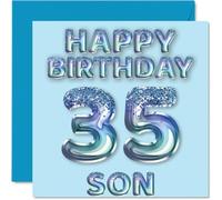 35th Birthday Card for Son - Blue Glitter Party Balloons - Happy Birthday Cards for 35 Year Old Son from Mum Dad Parents, 145mm Bday Greeting Cards Gift
