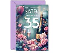 35th Birthday Card Sister, Pink Presents Champagne Bottle
