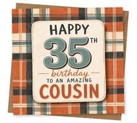 35th Birthday Card, Tartan Style, Amazing Cousin Text | Features a bold “35th” on a tartan-style background with the message “Happy 35th birthday to an amazing cousin”.