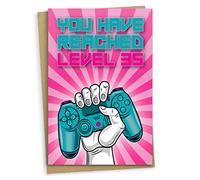 35th Birthday Card, You Have Reached Level 35, Greeting Card for Thirty-Five Year Old Gamer Birthday Gift for Adult Son or Daughter, For Him Her Grandson Granddaughter, Pink