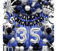 35th Birthday Decorations for Men and Women, Black Blue Silver Happy Birthday Number 35 Balloons, Banner, Fringe Curtains Garland Kit - 35 Year Old Party Supplies