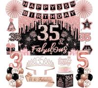 35th Birthday Decorations for Women,32PCS 35th Birthday Party Decorations,Including Backdrop, Crown, Sash, banner, Hanging Swirl,Cake Topper,Paper Fans,balloons and Anniversary Card