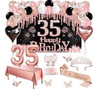 35th Birthday Decorations for Women, 49pcs Black Rose Gold Black Happy 35th Birthday Banner, Tablecloth, Butterfly Decor, Sash and Tiara, Cake Topper, Candles, Balloons Arch