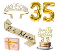 35th Birthday Decorations Gold, Including 35th Birthday Sash and Crown, Cake Topper and Candles, Number Balloons, 35 Year Old Gifts for Women