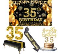 35th Birthday Decorations Men Women with 35th Birthday Banner, Black and Gold Table Cloth, Number Balloons, Black Glitter Sash, Cake Topper and Candles