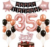 35th Birthday Decorations Set Rose Gold Black Theme Happy Birthday Banner Balloon Decor Photo Backdrop for Women Men Adults Turning 35 Age 35 Milestone Age Party Supplies Celebration Decor Bunting Set