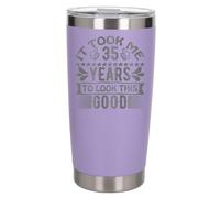 35th Birthday Thermal Metal Coffee Cup Gift for Her or Him - Engraved Lavender Stainless Steel Thermal Travel Cup Flask 500ml - Funny Birthday 35 Years to Look This Good Keepsake