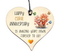 35th Coral Anniversary - Wooden Heart Hanging Plaque, Happy 35 Year Anniversary Decoration, Romantic Keepsake for Husband, Wife, Couples - Funny Cute Colourful Wedding Design #1928