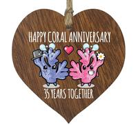 35th Wedding Anniversary Plaque Gift for Husband Wife - 35 Years Together - Happy Coral Anniversary Wooden Heart for Women Men Partner, Dark Wood Sign Keepsake Gifts