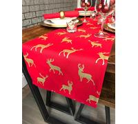 35x200cm COTTON CHRISTMAS TABLE RUNNER - RED AND GOLD STAG/REINDEER DESIGN - 6 SEATER