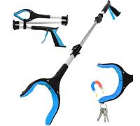 36" 91CM Foldable Litter Picker Grabber Stick, Heavy Duty Long Reach Reacher with Magnetic Tip, 360° Rotating Anti-Slip Jaw, Lightweight Rubbish Pick Up for Adults Elderly Disabled, Blue Silver