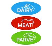 36 Assorted Kosher Labels - 12 Blue Dairy, 12 Red Meat, 12 Green Parve Stickers -Oven Proof up to 500°, Freezable, Microwavable, Dishwasher Safe, English - Color Coded Kitchen Tools by The Kosher Cook