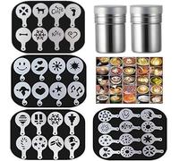 36 Coffee Decorating Stencils + 2 Stainless Steel Mesh Powder Shaker, Magnoloran Foam Latte Art Stencils Barista Templates for Decorating Oatmeal Cupcake Cake Cappuccino Mousse Hot Chocolate