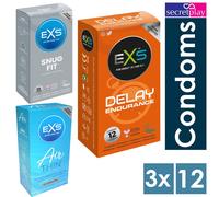 36 Exs Condoms | 3 x Box 12 | Delay Extra Safe Regular Air Thin Snug Fit Large