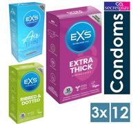 36 Exs Condoms | 3 x Box 12 | Delay Extra Safe Regular Air Thin Snug Fit Large