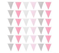36 Flags Fabric Bunting Banner 10M 33Ft Cotton Material for Wedding For Birthday Baby Shower Party Decoration (Pink Gray White)