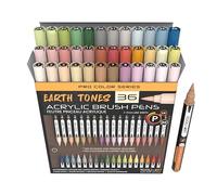 36 Flexible Brush Tip Earth Tones Acrylic Paint Pens Markers Set 1-7mm Line for Rock Painting, Brush Lettering, Scrapbooking, Glass, Mugs, Wood, Metal, Canvas, Fabric Plastic Non Toxic Waterbased