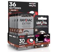 36 Hearing Aid Batteries Size 312 (Brown) PR41 Zinc-Air with Phono Pulse Technology - 36 Batteries: 30 Rayovac + 6 Udivita
