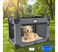 36 Inch Collapsible Dog Crate for Large Dogs, 3-Door Foldable Soft Kennel with Breathable Mesh Windows, Fleece Bed and a Folding Bowl, Suitable for Indoor & Outdoor Portable Pet Kennel, Grey