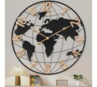 36 Inch Extra Giant Oversized Black Metal Wall Clock,Large Modern Decorative Silent World Map Wall Clock with Vintage Gold Arabic Numeral for Living Room,Entrance Fireplace,Dining Room Decor