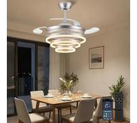 36 Inch Retractable Ceiling Fan with Lights, DIY Modern Ring LED Ceiling Fan, 3 CCT Dimmable, 6 Speed, Timer & Memory Function, Silent DC Motor, Chrome Fan Light Ceiling for Bedroom Living Room