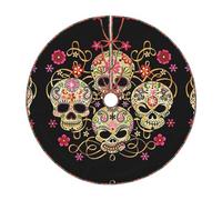 36" Linen Christmas Tree Skirt With Plaid Edge, Day Of The Dead Skull Printed Christmas Tree Mat For Holiday Xmas Home Decoration