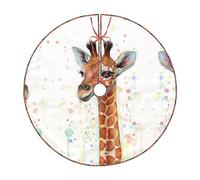 36" Linen Christmas Tree Skirt With Plaid Edge, Little Giraffe Printed Christmas Tree Mat For Holiday Xmas Home Decoration
