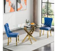 36" Modern Dining Table Set for 2 - Kitchen Table with Cross Metal Legs & 2 Blue Velvet Chairs - Cact Space-Saving Fur for Small Dining Rooms