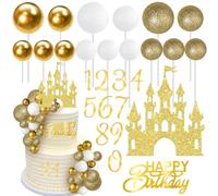 36 Pack Castle Cake Decorations Acrylic 0-9 Numbers DIY Ball Happy Birthday Cake Toppers Mini Balloon Balls Princess Cake Decorations for Castle Theme Wedding Anniversary Birthday Party Supplies