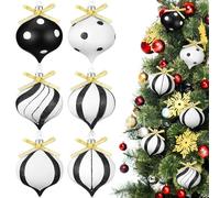 36 Pack Christmas Ball Ornament Black and White Candy Cane Striped Polka Dots Hanging Xmas Tree Ornaments with Small Gold Glitter Bow for Santa Holiday Party Decorations