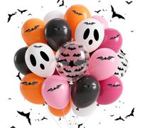 36 Pack Halloween Balloons and 12PCS Plastic Black Bats, 12inch Goast Bat Pattern Latex Party Balloons for Kids Halloween Party