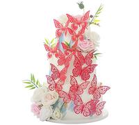 36 Pack Red Glitter 3D Butterfly Cupcake Toppers Hollow Butterfly Cake Decorations for Birthday Wedding Fairy Party Butterfly Wall Sticker Decal for Background Wall Decoration