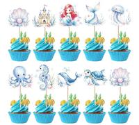 36 Pack Under The Sea Cupcake Toppers Mermaid Shell Jellyfish Octopus Turtle Blue Whale Seahorse Castle Cupcake Picks Ocean Animals Cake Decorations for Under The Sea Theme Birthday Supplies
