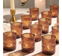 36 Pack Vintage Amber Votive Candle Holders, Glass Small Tea Lights Candle Holders for Table Centerpiece for Home Decor Party Fall Boho Decor (Amber)