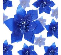 36 Pcs 3 Size Christmas Poinsettia Christmas Tree Flowers Glitter Faux Flowers Decoration Artificial Poinsettia Ornaments For Christmas New Year Home Outdoor Decoration (Royal Blue,3/ 4/ 6 Inch)