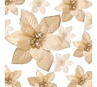 36 Pcs 3 Size Christmas Poinsettia Christmas Tree Flowers Glitter Faux Flowers Decoration Artificial Poinsettia Ornaments For Christmas New Year Home Outdoor Decoration (Champagne,3/ 4/ 6 Inch)