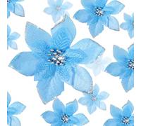 36 Pcs 3 Size Christmas Poinsettia Tree Flowers Glitter Faux Flowers Decoration Artificial Poinsettia Ornaments For Christmas New Year Home Outdoor Decoration (Lake Blue, 3/4/6 Inch)