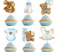36 Pcs Baby Shower Cake Topper Set, Blue Teddy Bear with Balloon Moon Heart, Oh Baby Cake Topper for Gender Reveal, 1st Birthday, Christening & Neutral Baby Party Supplies