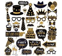 36 PCS Birthday Photo Booth Props Party Supplies Holiday Picture Decorations Photo Booth Props for Birthday Party Favors Pose Sign Kit Fun (Black and Gold)
