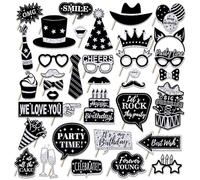 36 PCS Birthday Photo Booth Props Party Supplies Holiday Picture Decorations Photo Booth Props for Birthday Party Favors Pose Sign Kit Fun (Silver and Black)