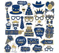 36 PCS Birthday Photo Booth Props Party Supplies Holiday Picture Decorations Photo Booth Props for Birthday Party Favors Pose Sign Kit Fun (Gold and Blue)