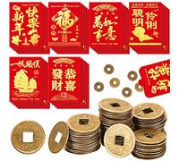 36 Pcs Chinese New Year Envelopes with 40 Pcs Lucky Feng Shui Coins Red Envelopes Red Pockets Chinese Gold Chinese Coins for Luck I Ching Coins Hong Bao Packets for Chinese New Year Spring Festival