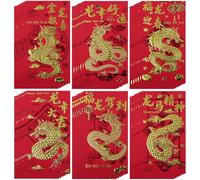 36 Pcs Chinese Red Envelopes for 2024 Lunar New Year, Lucky Money Packets with Gold-Embossed Dragon Patterns and 3D Blessings, 6 Designs for Spring Festival, Traditional Hong Bao