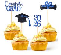 36 Pcs Class of 2026 Cupcake Toppers - Blue Black Glitter Graduation Cake Picks | 2026 Grad Party Decorations Supplies for College High School Kindergarten Ceremony (Black, Blue)