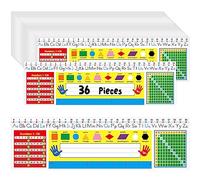 36 PCS Desk Nameplates, Double Sided PET Film Desk Name Tags with Alphabet, Numbers, Multiplication Chart, Shapes, Colors and Ruler Erasable & Reusable Traditional Manuscript Name Plate (14” x 4”)